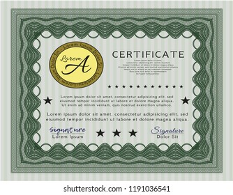 Green Diploma or certificate template. Printer friendly. Vector illustration. Cordial design. 