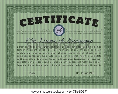 Green Diploma or certificate template. Superior design. Detailed. With quality background. 
