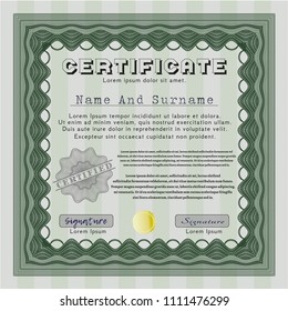 Green Diploma or certificate template. Vector illustration. With guilloche pattern and background. Money style design. 