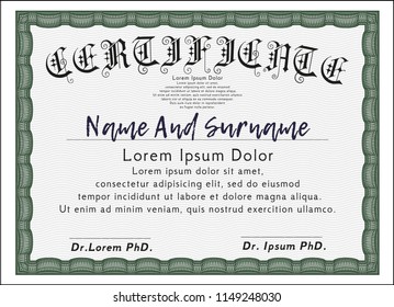 Green Diploma or certificate template. Vector illustration. With guilloche pattern. Elegant design. 