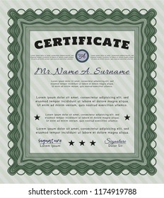 Green Diploma or certificate template. Vector illustration. With complex background. Money design. 