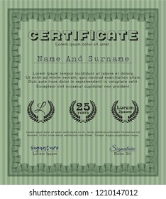 Green Diploma or certificate template. Vector illustration. With linear background. Retro design. 