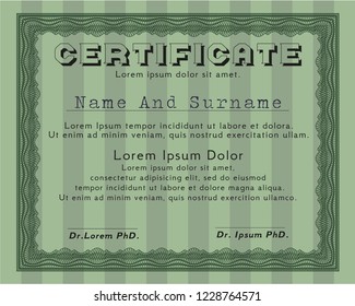 Green Diploma or certificate template. Vector illustration. With background. Money Pattern. 