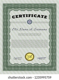 Green Diploma or certificate template. Vector illustration. With linear background. Cordial design. 
