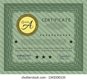 Green Diploma or certificate template. Vector illustration. With guilloche pattern. Money style design. 