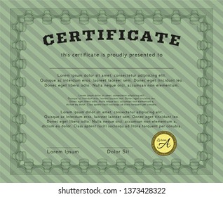 Green Diploma or certificate template. Vector illustration. With great quality guilloche pattern. Good design. 