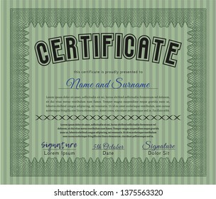 Green Diploma or certificate template. Vector illustration. With guilloche pattern and background. Superior design. 