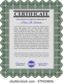 Green Diploma or certificate template. Vector illustration. With complex background. Lovely design. 