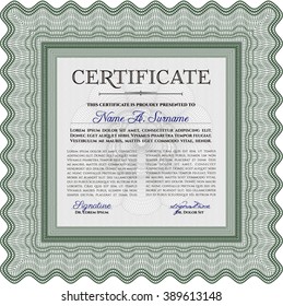Green Diploma or certificate template. Vector illustration. With complex background. Lovely design. 