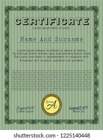 Green Diploma. Detailed. With complex linear background. Money Pattern. 