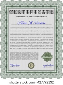 Green Diploma. Good design. Border, frame. With background. 