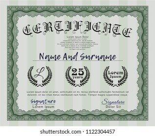 Green Diploma. With great quality guilloche pattern. Detailed. Money style design. 