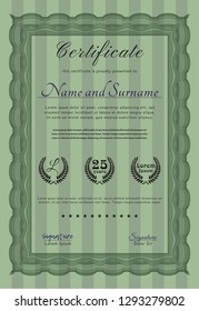 Green Diploma. With guilloche pattern. Vector illustration. Excellent design. 