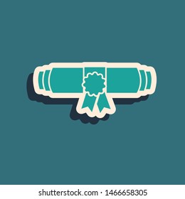 Green Diploma rolled scroll with stamp and ribbon icon isolated on blue background. Paper scroll with wax seal. Business certificate. Long shadow style. Vector Illustration