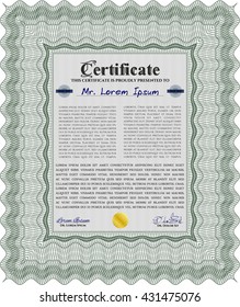 Green Diploma template. With background. Excellent design. Border, frame. 