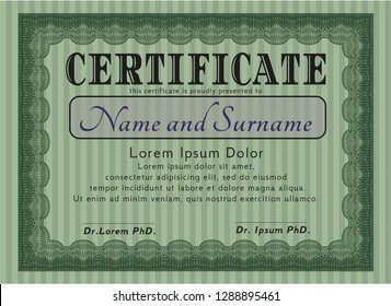 Green Diploma template or certificate template. With background. Sophisticated design. Detailed. 