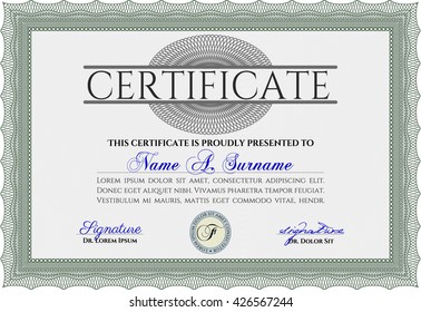 Green Diploma template or certificate template. Beauty design. With quality background. Vector pattern that is used in money and certificate. 