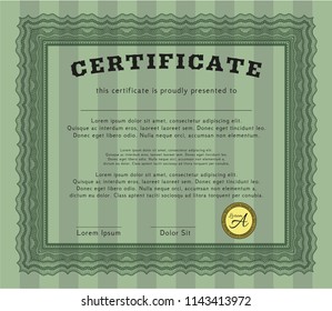 Green Diploma template or certificate template. With complex linear background. Elegant design. Detailed. 