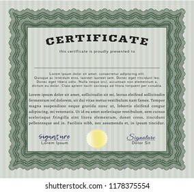 Green Diploma template or certificate template. With complex linear background. Vector illustration. Lovely design. 