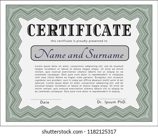 Green Diploma template or certificate template. With complex background. Detailed. Cordial design. 