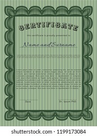 Green Diploma template or certificate template. With complex linear background. Detailed. Money Pattern. 