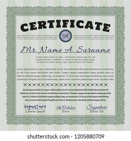 Green Diploma template or certificate template. With complex linear background. Vector illustration. Superior design. 