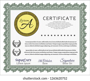 Green Diploma template or certificate template. With complex background. Lovely design. Vector illustration. 