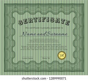 Green Diploma template or certificate template. Complex background. Detailed. Money style design. 
