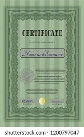 Green Diploma template or certificate template. Customizable, Easy to edit and change colors. With guilloche pattern and background. Money Pattern design. 