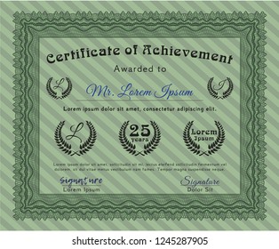 Green Diploma template or certificate template. Detailed. With background. Money Pattern. 