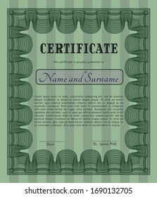 Green Diploma template or certificate template. Detailed. With great quality guilloche pattern. Cordial design. 