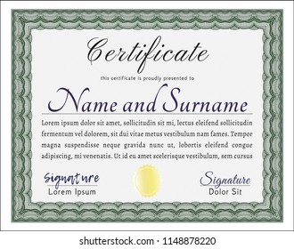 Green Diploma template or certificate template. Easy to print. Detailed. Money Pattern design. 