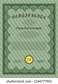 Green Diploma template or certificate template. Easy to print. Cordial design. Vector illustration. 