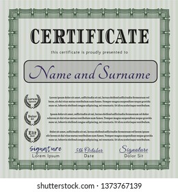 Green Diploma template or certificate template. Elegant design. Detailed. With complex background. 
