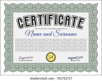 Green Diploma template or certificate template. Elegant design. Detailed. With complex linear background. 