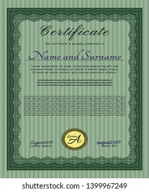 Green Diploma template or certificate template. Good design. With linear background. Vector illustration. 