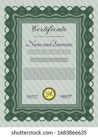 Green Diploma template or certificate template. With great quality guilloche pattern. Good design. Detailed. 