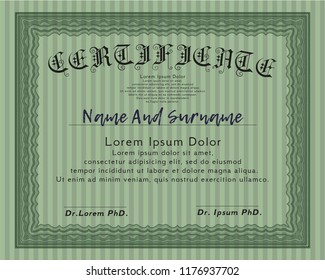 Green Diploma template or certificate template. With guilloche pattern and background. Detailed. Money Pattern. 