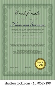 Green Diploma template or certificate template. With guilloche pattern. Good design. Vector illustration. 