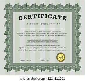 Green Diploma template or certificate template. With linear background. Cordial design. Vector illustration. 