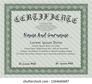 Green Diploma template or certificate template. With linear background. Artistry design. Detailed. 