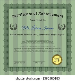 Green Diploma template or certificate template. With linear background. Vector illustration. Money Pattern. 