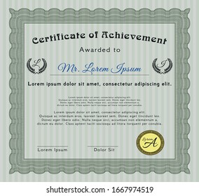 Green Diploma template or certificate template. With linear background. Cordial design. Detailed. 