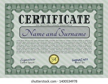 Green Diploma template or certificate template. Lovely design. Vector illustration. With guilloche pattern and background. 