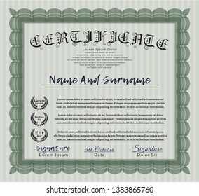 Green Diploma template or certificate template. Money design. With guilloche pattern and background. Detailed. 