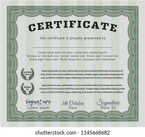 Green Diploma template or certificate template. Nice design. With linear background. Vector illustration. 