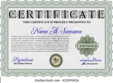 Plantilla de diploma verde o plantilla de certificado. Con un fondo de calidad. Diseño artístico. Patrón vectorial que se utiliza en dinero y certificado. 