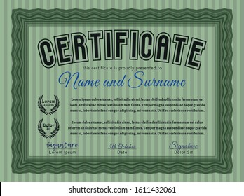 Green Diploma template or certificate template. Sophisticated design. Vector illustration. With guilloche pattern and background. 