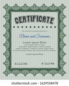Green Diploma template or certificate template. Sophisticated design. With linear background. Detailed. 