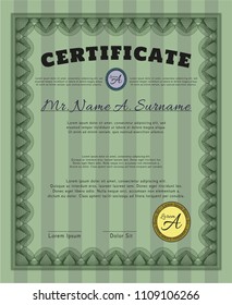 Green Diploma template or certificate template. Vector illustration. With guilloche pattern and background. Modern design. 